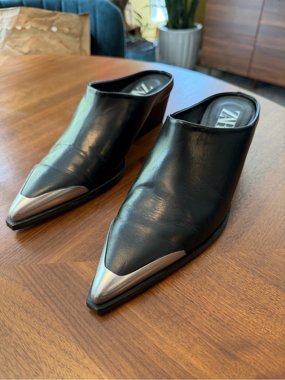 Zara Black Leather Cowboy Inspired Heeled Mules With Silver Tone Metal Toe